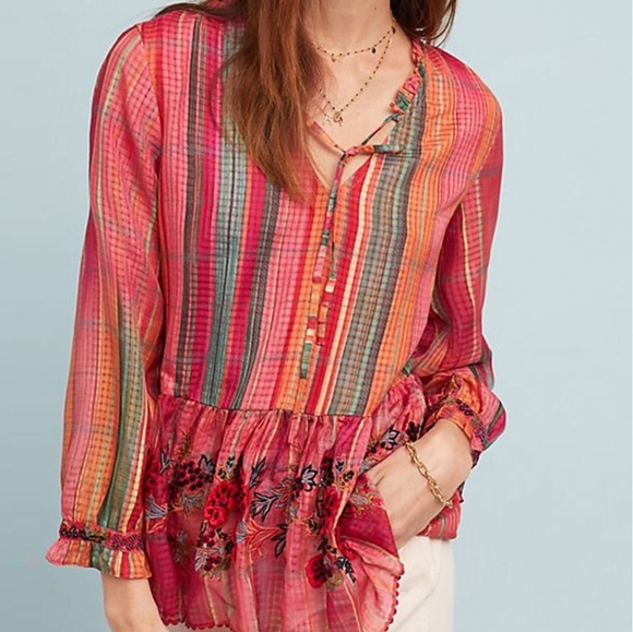Bhanuni by Jyoti for Anthropologie Embroidered Peplum Boho Blouse Multicolor M - Picture 4 of 13